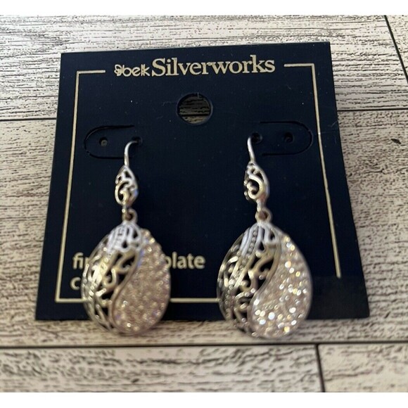 Belk Silverworks Fine Silver Plated Crystal Dangle Drop Oval Earrings - Picture 2 of 5